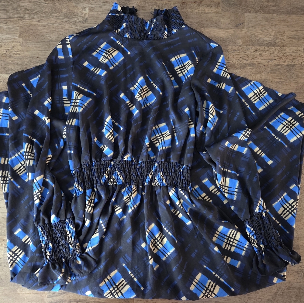 Nanette Lepore High Neck Smocked Scrunch Marina Patchwork Plaid Midi - Picture 10 of 10